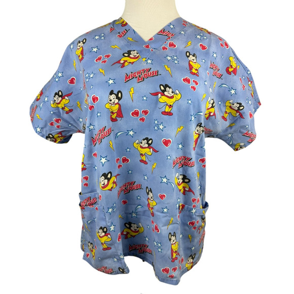 ✨2/$20 Mighty Mouse Cartoon Graphic Nurse CNA V-Neck Scrub Top Blue Size Large - Picture 8 of 16